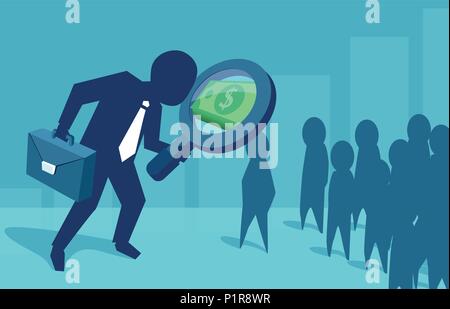 Vector Illustration der Geschäftsmann auf der Suche durch die Lupe und Beobachten an Menschen als Quelle des Profits Stock Vektor