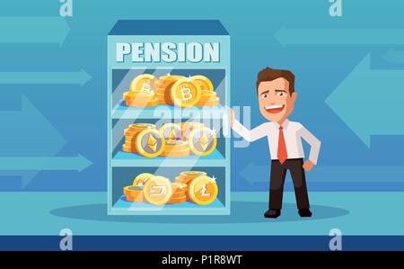 Vector Illustration von fröhlichen Geschäftsmann Geld sparen Der bitcoin Für die zukünftige Rente. Stock Vektor