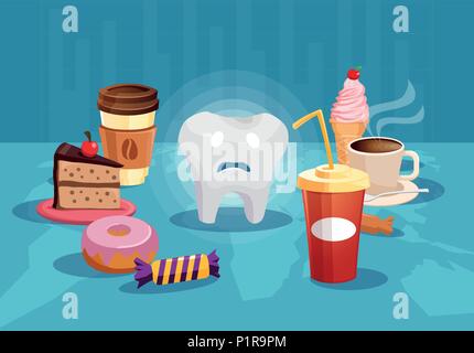 Konzept Abbildung mit traurigen Zahn unter den süssen und schlechtes Essen in Gefahr der Kavität. Stock Vektor