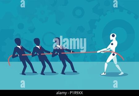Vektor Design der Leute ziehen Seil mit Roboter kämpfen mit künstlicher Intelligenz. Stock Vektor