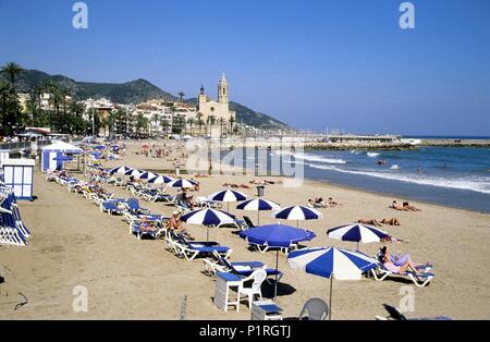 Spanien - Katalonien - Garraf (Bezirk) - Barcelona. Sitges; Playa / Platja de la Ribera. Stockfoto