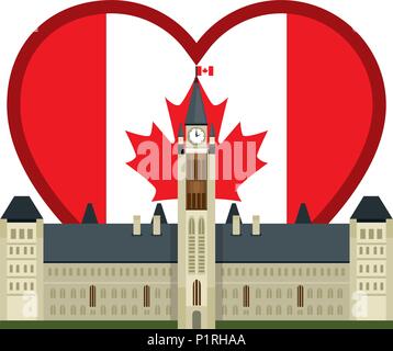 Kanadische Parlament Gebäude mit Herz Flagge Vector Illustration Design Stock Vektor