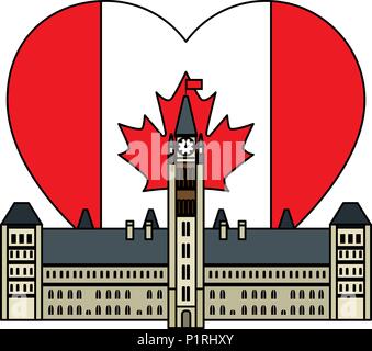 Kanadische Parlament Gebäude mit Herz Flagge Vector Illustration Design Stock Vektor