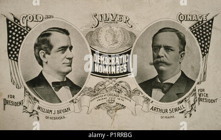 Demokratische Kandidaten für Präsident William J. Bryan von Nebraska und Arthur Sewall von Maine für Vizepräsidenten nominiert in Chicago, Illinois, am Freitag, den 10. Juli 1896. Stockfoto