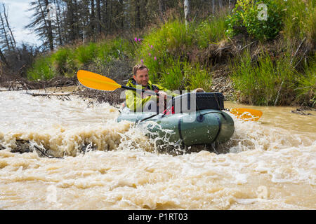 Ein Mann pack Rafting auf Jarvis Creek schwimmt über eine In-tank-log, Interior Alaska; Alaska, Vereinigte Staaten von Amerika Stockfoto