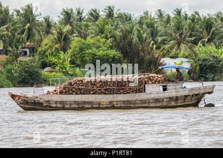 Boot beladen mit Kokosnüsse in der Mekong Fluss, Ben Tre, Vietnam Stockfoto