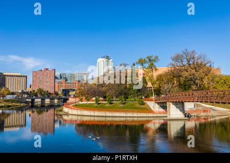 Herbst Blick von Rochester, Minnesota skyline Zumbro Fluss mit Kanadagänse (Branta canadensis), der Heimat der Mayo Klinik Stockfoto