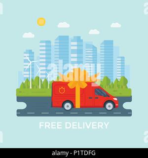Flat Style Vektor-illustration kostenlose Lieferung Service Konzept. Stapler mit Box Container, Store, Shop Versand mit sity Hintergrund. Vektor Flachbild-Konzept Stock Vektor