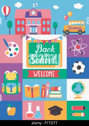 Zurück zu Schule willkommen mit unterschiedlichen Flat Symbole. Bildung Konzept. Perfekt für Banner, Flyer, Poster, Karten. Vector Illustration. Stock Vektor