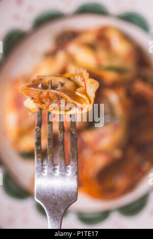 Frischer hausgemachter Tomatensauce und Mozzarella Italienisch Tortellini Stockfoto