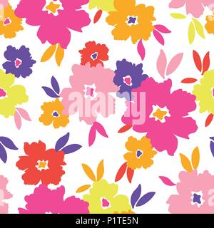 Bunte Grafik große Blüten und Blätter auf weißem Hintergrund. Fett Grafik großen floralen Vektor nahtlose Muster. Stilisierte Retro. Stock Vektor