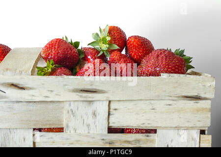 Beeren reife Erdbeere in Bast Korb für Beeren. Isolierte Bild auf weißem Hintergrund. Fotos für die Website über die Küche, Landwirtschaft, Jahreszeiten. Stockfoto