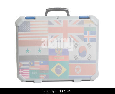 Business Travel Koffer mit Flaggen aller Länder der Welt auf weißem Hintergrund Stockfoto