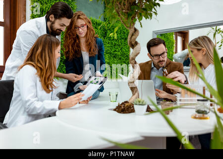 Universität Biologen Kollegen unter Experiment auf sprießen und die Analyse der Probe der Anlage in das Labor. Stockfoto