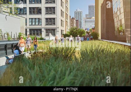 New York, USA - 12. August 2012: Touristische Spaziergang in High Line Park in New York City Stockfoto