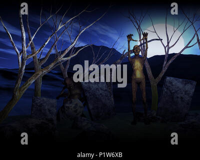 3D-Render von einem Halloween Hintergrund mit Zombies im Friedhof Stockfoto