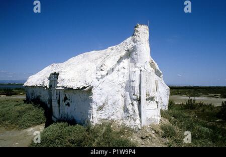 Baix Ebre: Parque Natural del/Delta del Ebro Naturpark; Hütte auf der 'Punta del Fangar" (Baix Ebre). Stockfoto