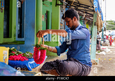 Ein junger Mann, der eine Blume Girlande, Madurai Blumenmarkt, Mattuthavani, Madurai, Tamil Nadu, Indien. Stockfoto