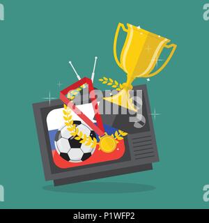 Fußball und Auszeichnungen im Fernsehen mit Russland Flagge Hintergrund. Vector Illustration Stock Vektor