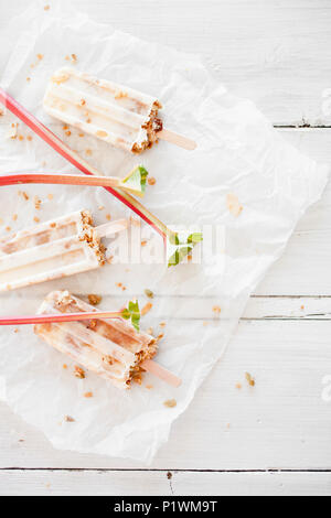 Hausgemachte Eis am Stiel mit Rhabarber, Joghurt und Müsli Stockfoto