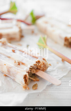 Hausgemachte Eis am Stiel mit Rhabarber, Joghurt und Müsli Stockfoto