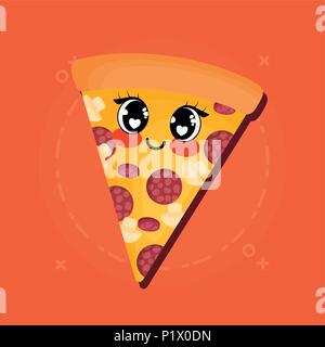 Kawaii pizza Symbol über orange Hintergrund, farbenfrohen Design. Vector Illustration Stock Vektor