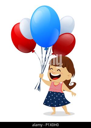 Glücklich gruss Independence Day Karte. Patriotische lächelnde Mädchen mit roten, blauen und weißen Luftballons. Am 4.Juli Vector Illustration. Stock Vektor