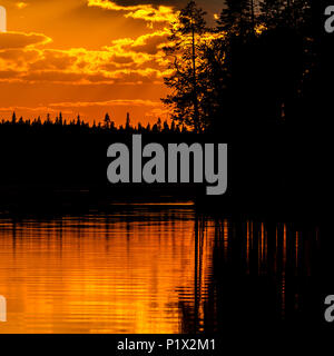 Fantastischen Sonnenuntergang am See, dunklen Kiefernwald in der ruhigen Wasser widerspiegeln Stockfoto