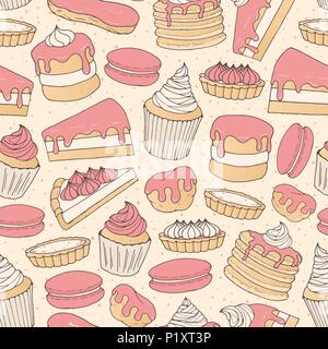 Vektor Schokolade Gebäck nahtlose Muster mit Kuchen, Torten, Muffins, Pfannkuchen, Macarons und eclairs auf der gepunkteten Hintergrund. Hand Erdbeere swe gezeichnet Stock Vektor