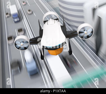Weiß VTOL Drone mit Delivery Packages fliegen neben Autobahnbrücke. Konzept für den schnellen Lieferservice. 3D-Bild. Stockfoto
