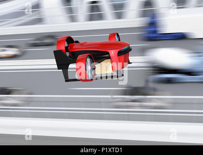Seitenansicht des Roten VTOL drone Durchführung Delivery Packages neben Autobahnbrücke fliegen. Konzept für den schnellen Lieferservice. 3D-Bild. Stockfoto