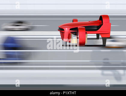 Seitenansicht des Roten VTOL drone Durchführung Delivery Packages neben Autobahnbrücke fliegen. Konzept für den schnellen Lieferservice. 3D-Bild. Stockfoto