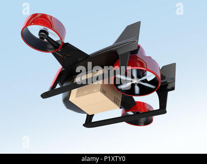 Rot Metallic VTOL drone Durchführung Lieferumfang fliegen in den Himmel. 3D-Bild. Stockfoto