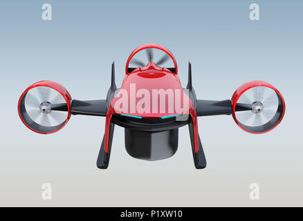 Vorderansicht des Roten VTOL drone Durchführung Lieferumfang fliegen in den Himmel. 3D-Bild. Stockfoto