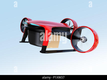 Rot Metallic VTOL drone Durchführung Lieferumfang fliegen in den Himmel. 3D-Bild. Stockfoto