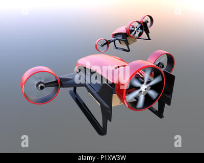 Ansicht der Rückseite des Roten VTOL Drohnen Durchführung Delivery Packages fliegen in den Himmel. 3D-Bild. Stockfoto