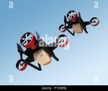 Ansicht der Rückseite des Roten VTOL Drohnen Durchführung Delivery Packages fliegen in den Himmel. 3D-Bild. Stockfoto