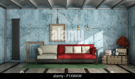 Farbenfrohe Wohnzimmer im industriellen Stil mit Sofa gegen alte blaue Wand 3D-Rendering Stockfoto