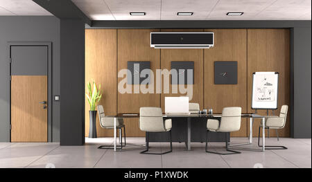 Schwarz und Holz- Boardroom mit modernen Büro Möbel und geschlossene Tür - 3D-Rendering Stockfoto