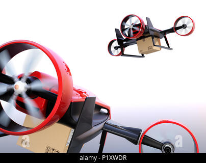 Ansicht der Rückseite des Roten VTOL Drohnen Durchführung Delivery Packages fliegen in den Himmel. 3D-Bild. Stockfoto