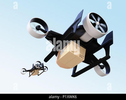 Ansicht der Rückseite des VTOL Drohnen Durchführung Delivery Packages fliegen in den Himmel. 3D-Bild. Stockfoto