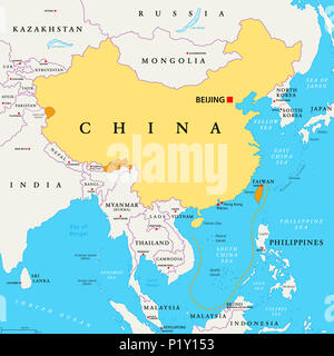 Volksrepublik China, VR China, politische Karte. Bereich von China in Gelb gesteuert, und behauptete, aber unkontrollierte Regionen in orange dargestellt. Stockfoto