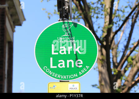 Schrullig und böhmischen Geschäfte, Cafés und Restaurants säumen Lark Lane aus Sefton Park, in Liverpool, Großbritannien Stockfoto