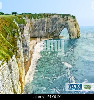 Normandie, Nordfrankreich, Europa. Spektakuläre Natur Aval Klippen von Etretat und wunderschönen Küste. Stone Arch. Landschaft. Vector Illustration. Stock Vektor