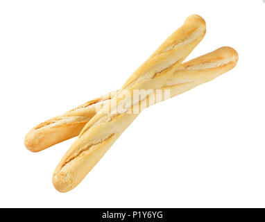 Zwei lange französische Baguettes auf weißem Hintergrund Stockfoto