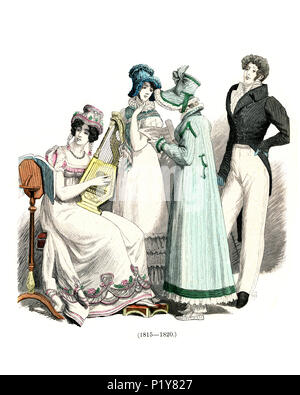 Vintage Gravur der Geschichte der Mode, Kostüme in Deutschland Anfang des 19. Jahrhunderts. High Society mens und der Kostüme, 1815 bis 1820 Stockfoto