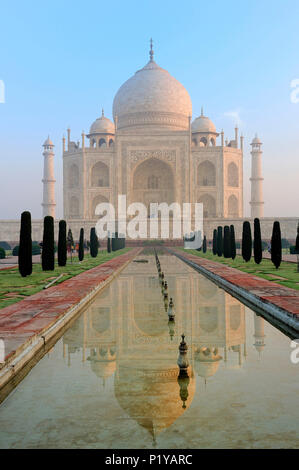 Indien, Agra, Taj Mahal, die in einem Teich im ersten Licht Stockfoto