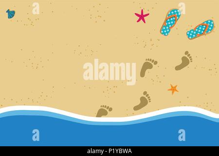 Sommer Urlaub vektor Fotorahmen Rahmen mit Paar Flip Flops und menschlichen barfuß Fuß druckt auf Sand aus Wasser. Sandige Küste mit Fuß Stock Vektor