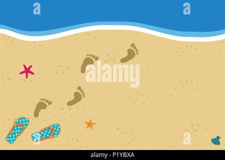 Sommer Urlaub vektor Fotorahmen Rahmen mit Paar Flip Flops und menschlichen barfuß Fuß druckt auf Sand ins Wasser zu gehen. Sandige Strand mit footpr Stock Vektor