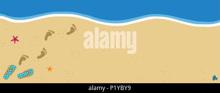 Sommer Urlaub Vektor banner Grenze Rahmen mit Paar Flip Flops und menschlichen barfuß Fuß druckt auf Sand ins Wasser zu gehen. Sandige Strand mit footp Stock Vektor